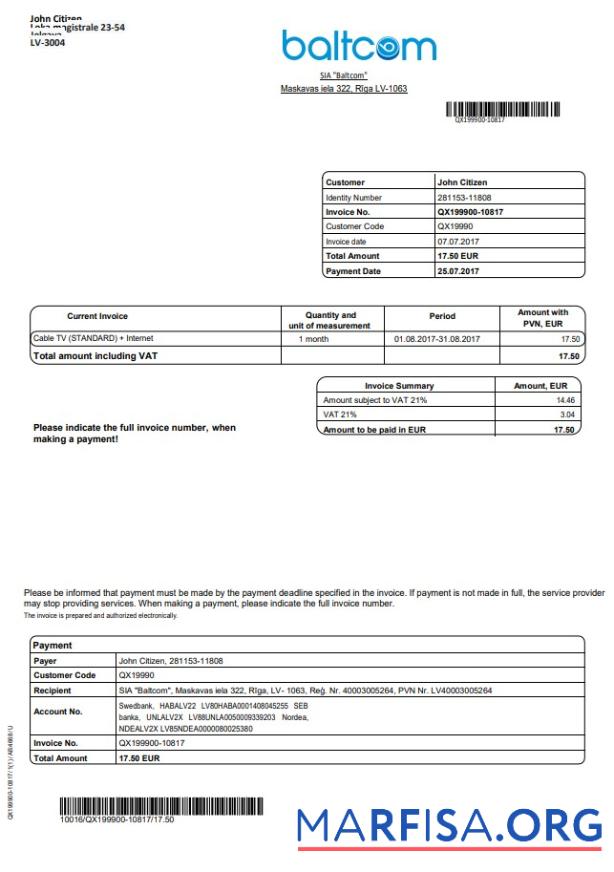 Blank Latvia Baltcom telecommunications utility bill template in Word and PDF format (English version)